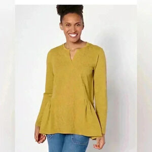 LOGO by Lori Goldstein Size Medium Long Sleeve Split Neck Top Embroidery Yellow